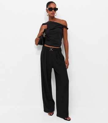 Black Belt Detail Ribbed Crinkle Texture Wide Leg Trousers