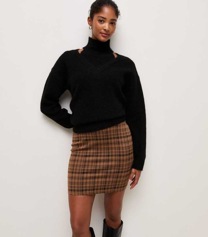 Brown Check Jacquard Mini Skirt