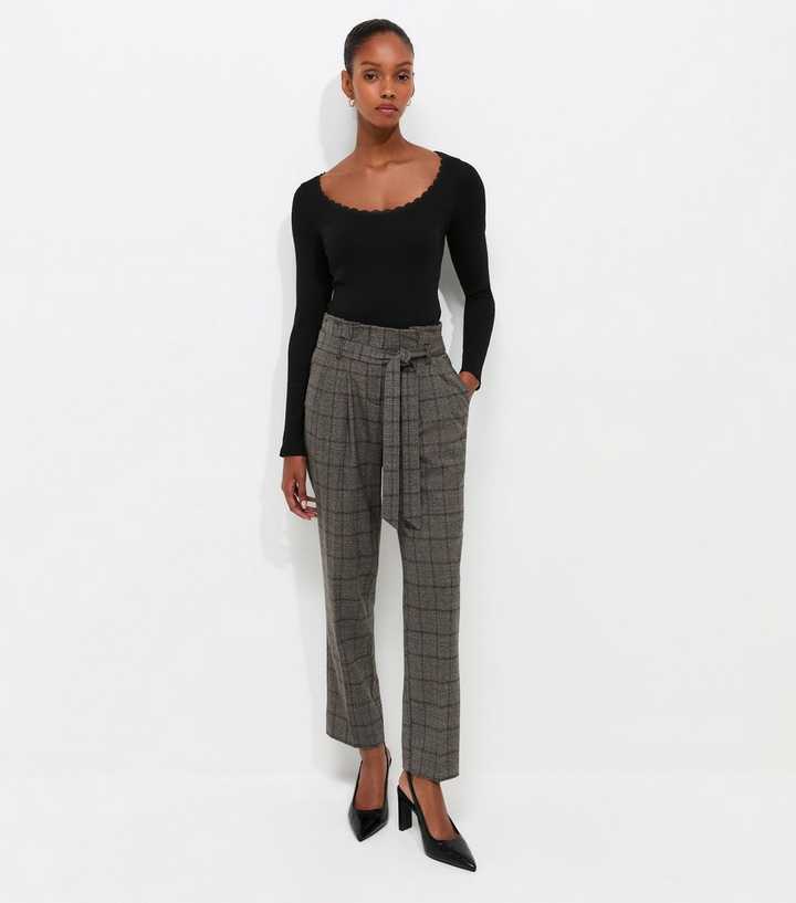 Brown Herringbone Check Pattern Paperbag Waist Trousers