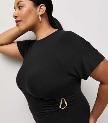 Curves Black Gathered Buckle Short Sleeve Midi Dress