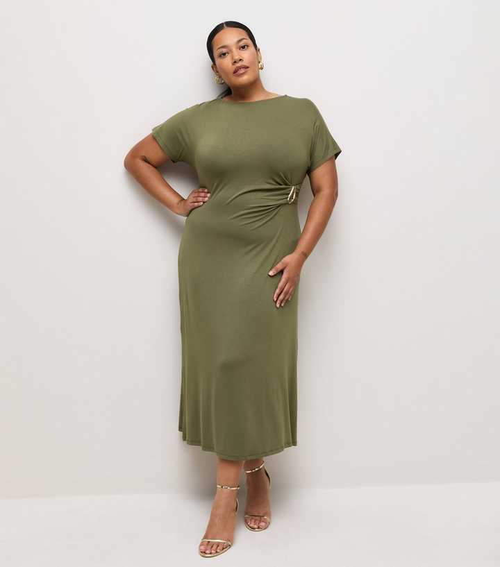 Curves Dark Khaki Gathered Buckle Short Sleeve Midi Dress