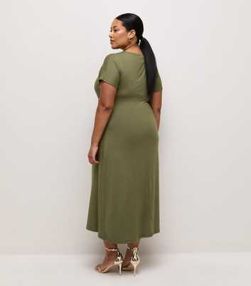 Curves Dark Khaki Gathered Buckle Short Sleeve Midi Dress