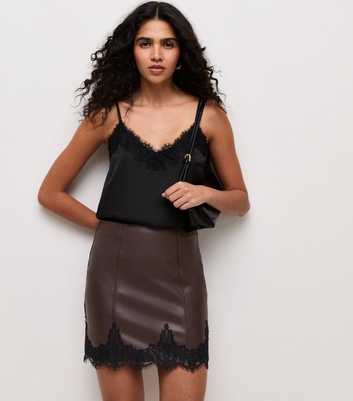 Dark Brown Scallop Lace Faux Leather Mini Skirt