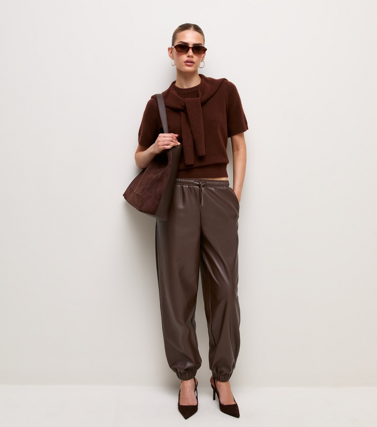Women's Dark Brown Faux Leather Cuffed Trousers New Look