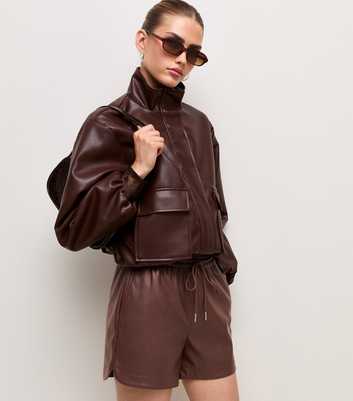 Dark Brown Faux Leather Drawstring Tie Shorts