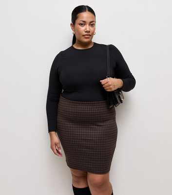 Curves Brown Checked Jersey Jacquard Tube Skirt