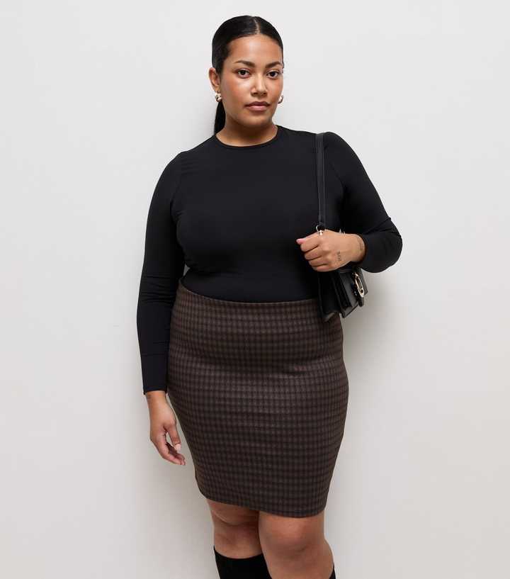 Curves Brown Checked Jersey Jacquard Tube Skirt