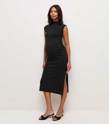 Maternity Black High Neck Ruched Midi Dress
