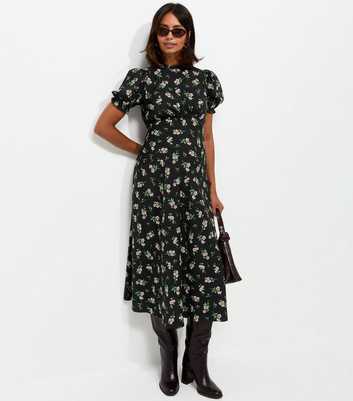 Maternity Black Crepe Floral Print Short Sleeve Midi Dress
