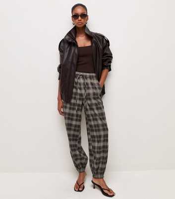 Brown Check Tapered Cuff Drawstring Trousers