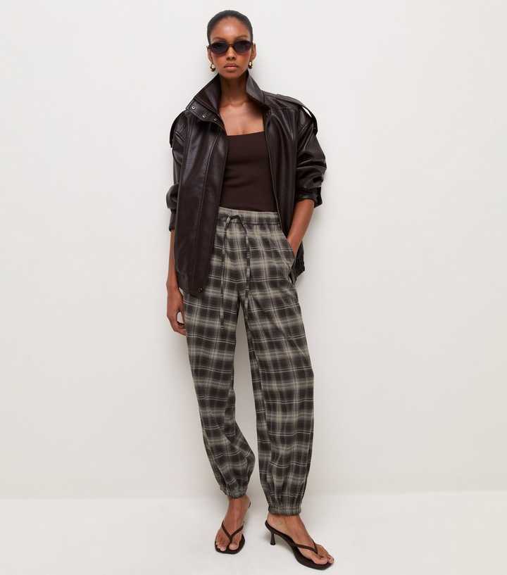 Brown Check Tapered Cuff Drawstring Trousers