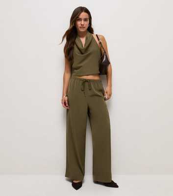 Petite Light Khaki Satin Wide Leg Trousers
