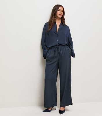 Petite Navy Satin Wide Leg Trousers