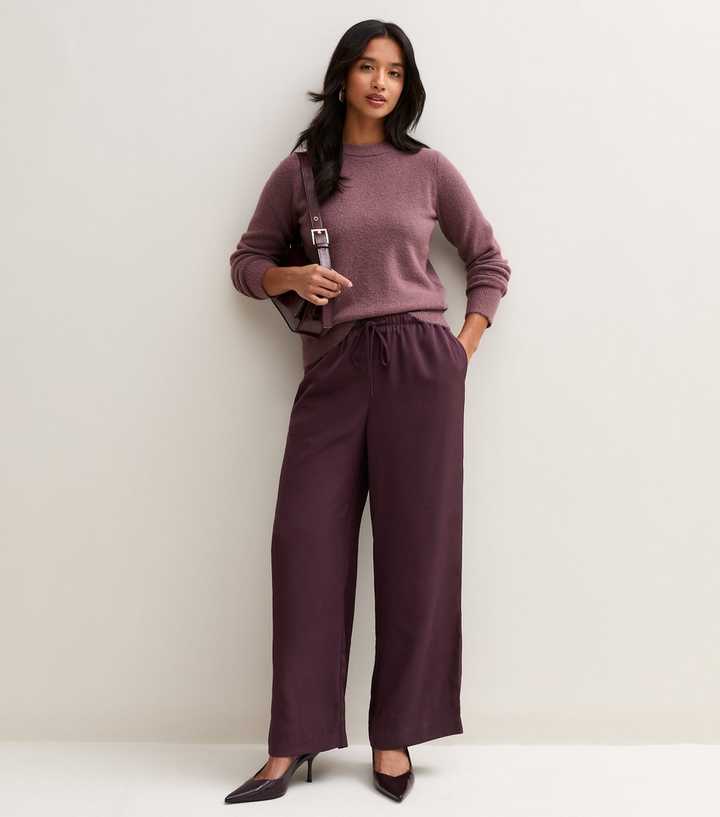 Petite Dark Burgundy Satin Wide Leg Trousers