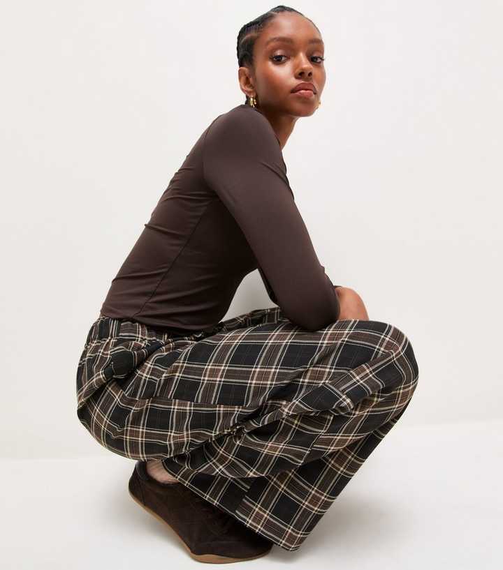 Brown Check Drawstring Wide Leg Trousers
