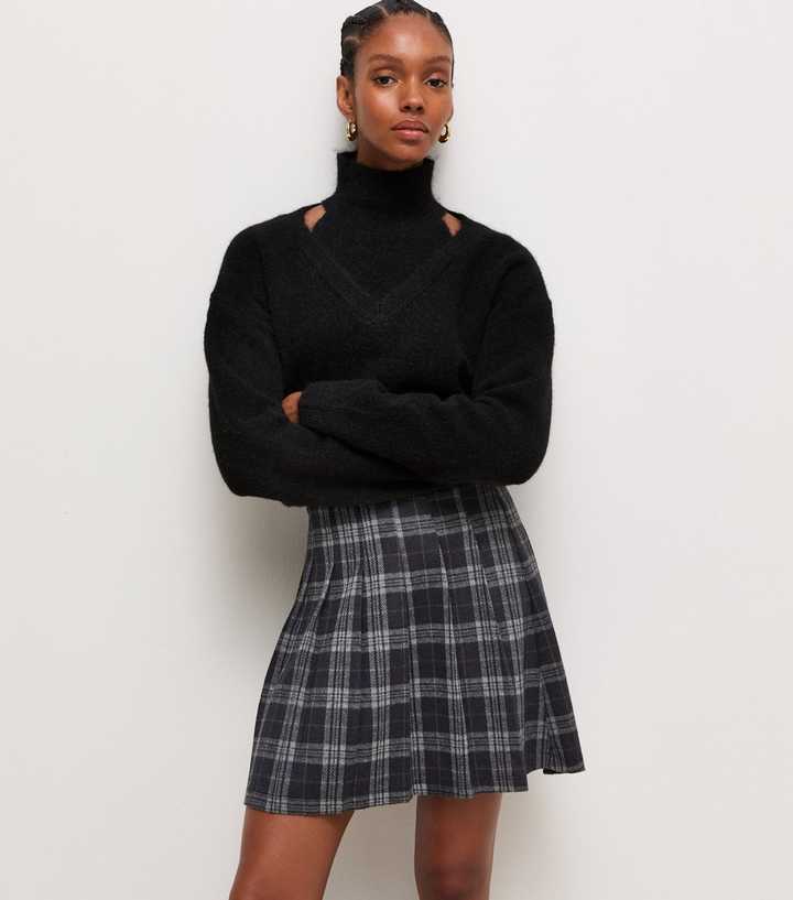 Black Check Ponte Pleated Mini Skirt
