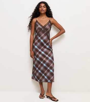 Blue Checked Lace Trim Strappy Midi Slip Dress
