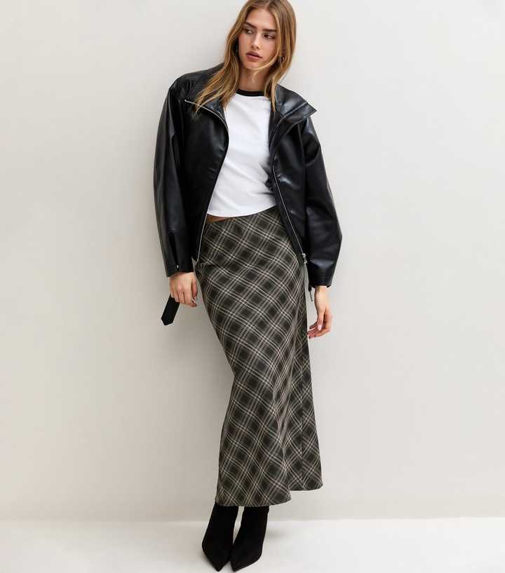 Grey Check Bias Cut Midi Skirt