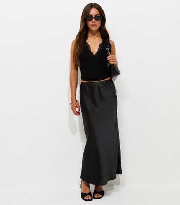 Petite Black Satin Bias Cut Midi Skirt