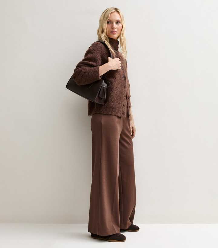 Petite Dark Brown Jersey Wide Leg Trousers