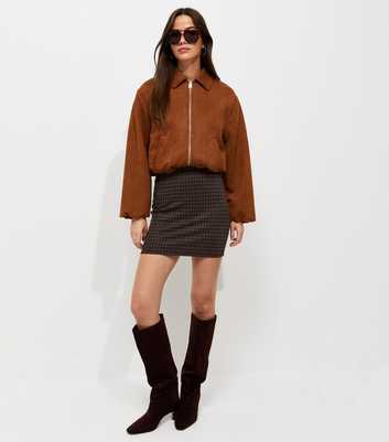 Brown Jacquard Jersey Check Tube Mini Skirt