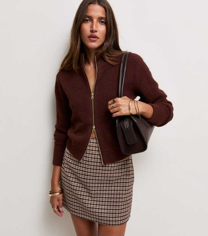 Brown Check High Waisted Mini Skirt