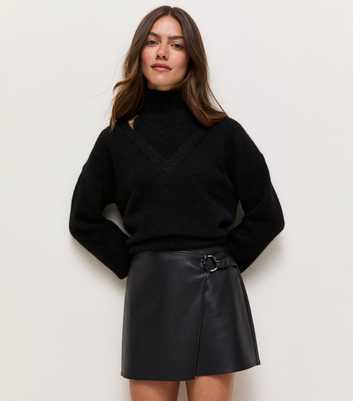 Petite Black Faux Leather Belted Wrap Skort
