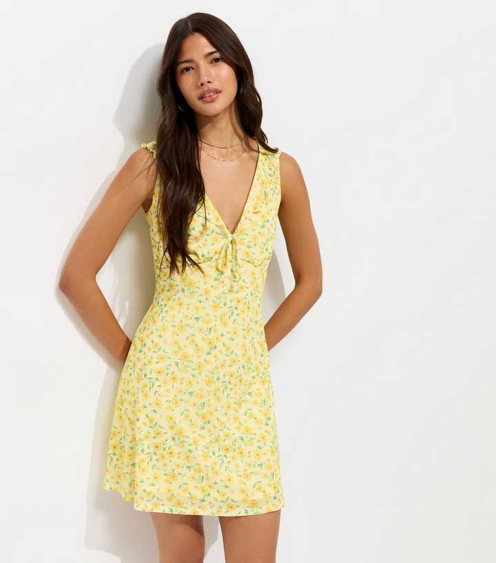 Yellow Floral Print Ruffle Trim V-Neck Mini Dress