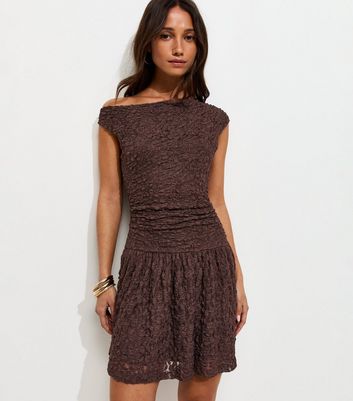 Dark Brown Lace Off The Shoulder Rara Mini Dress | New Look
