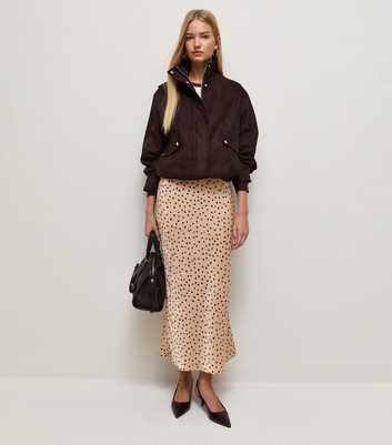 Brown Satin Spot Bias Cut Midi Skirt