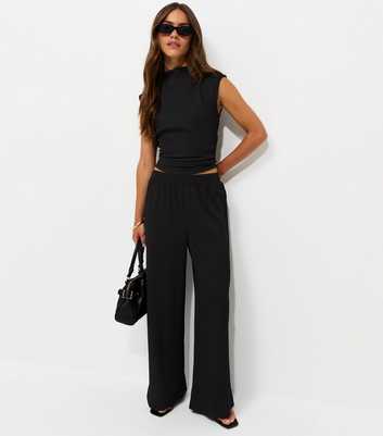 Petite Black Crinkle Jersey Wide Leg Trousers