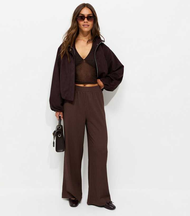 Petite Dark Brown Crinkle Jersey Wide Leg Trousers