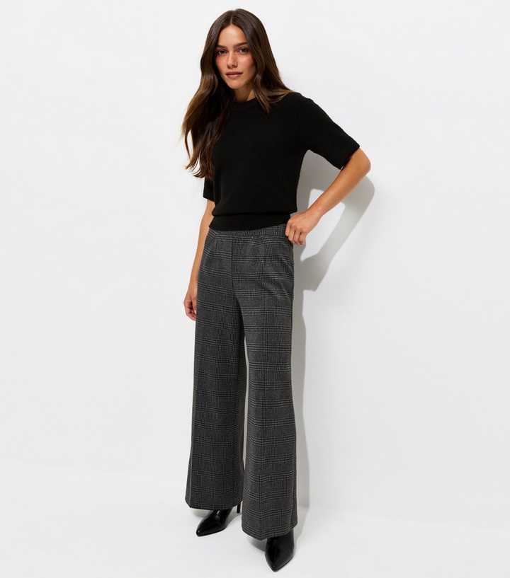 Petite Black Checked Jersey Wide Leg Trousers