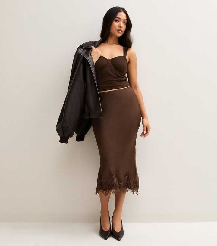 Petite Dark Brown Satin Lace Trim High Waisted Midi Skirt