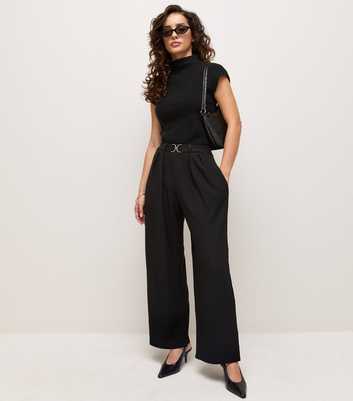 Petite Black Belted Crinkle Texture Wide Leg Trousers
