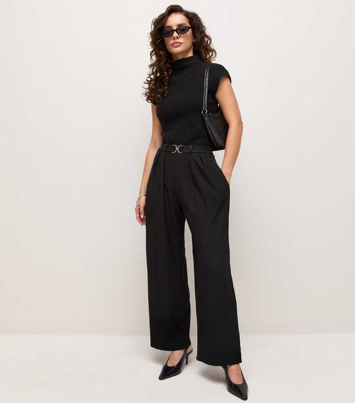 Petite Black Belted Crinkle Texture Wide Leg Trousers