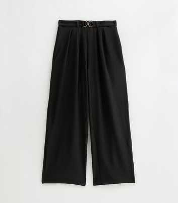 Petite Black Belted Crinkle Texture Wide Leg Trousers