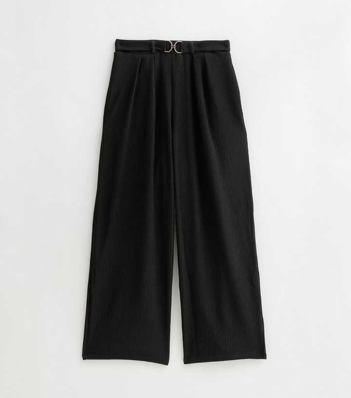 Petite Black Belted Crinkle Texture Wide Leg Trousers