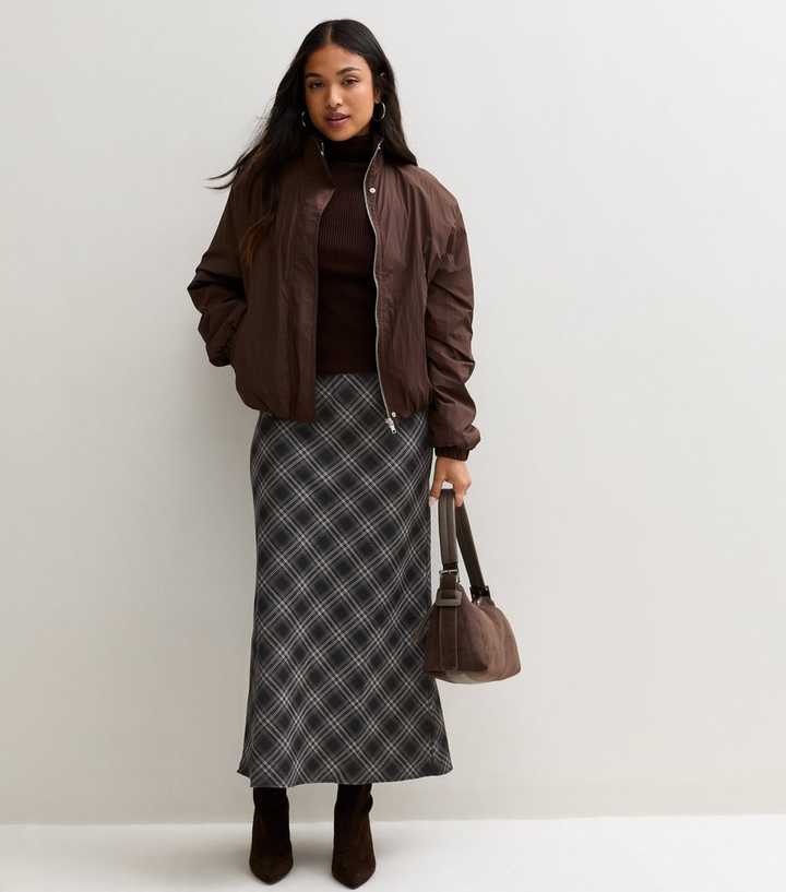 Petite Grey Checked Bias Cut Midi Skirt