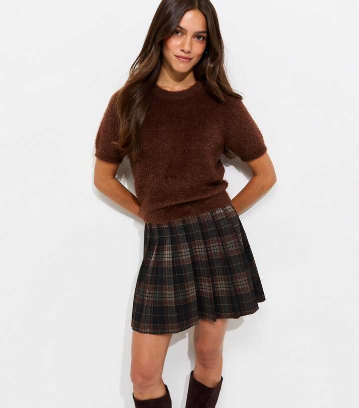 Petite Black Ponte Check Pleated Jersey Mini Skirt