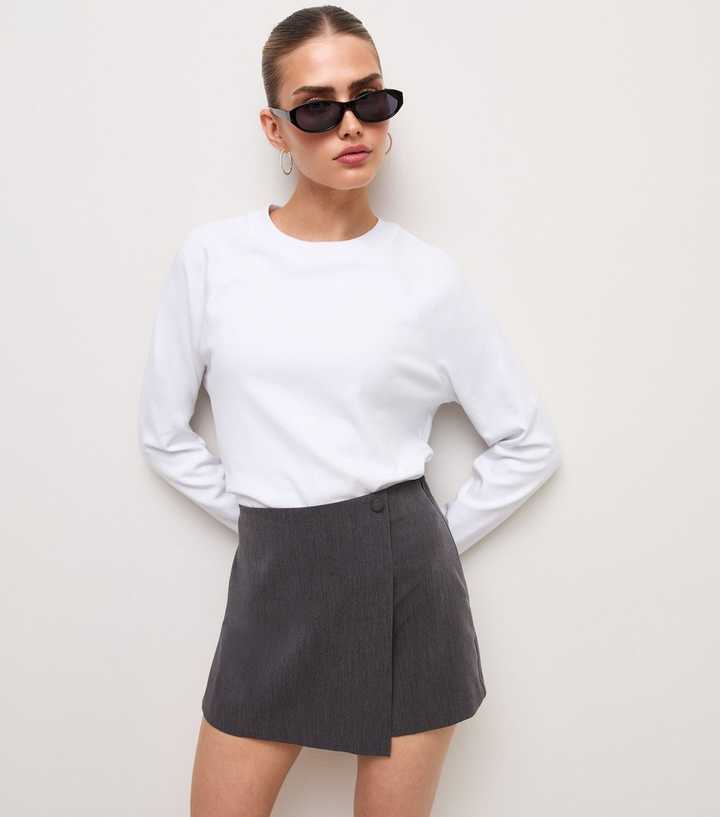Dark Grey Wrap Front Tailored Button Skort