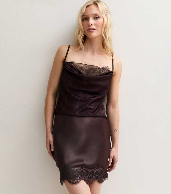 Petite Dark Brown Lace Trim Satin Mini Dress