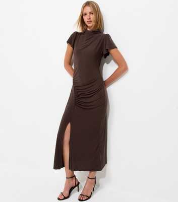 Dark Brown Ruched Split Short Sleeve Midi Dress