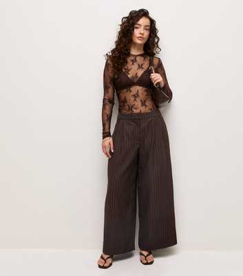Petite Brown Pinstripe Wide Leg Tailored Trousers