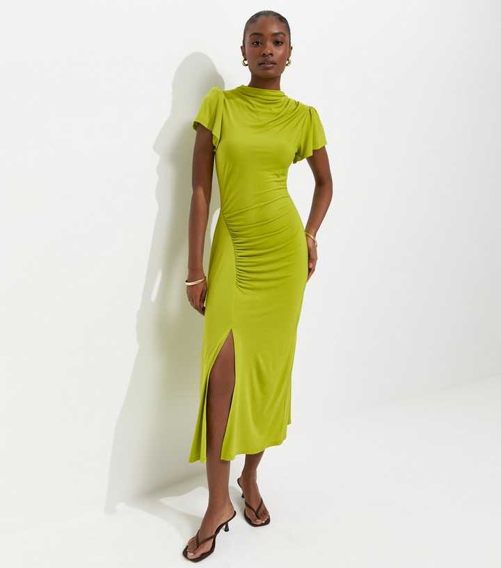 Bright Green Ruched Short Sleeve Midi Dress