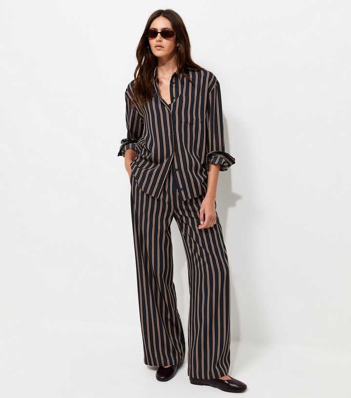 Blue Woven Striped Wide Leg Trousers