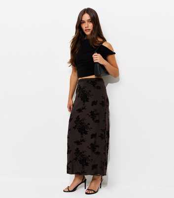 Petite Black Flocked Lace Mesh Midi Skirt