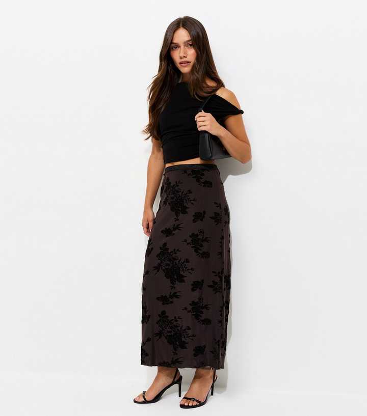 Petite Black Flocked Lace Mesh Midi Skirt