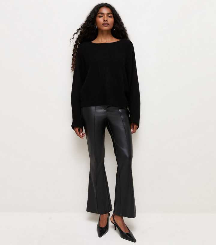Petite Black Faux Leather Kick Flare Trousers