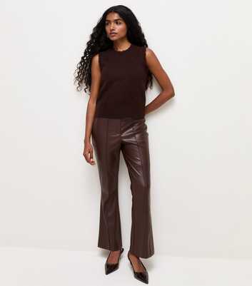 Petite Dark Brown Faux Leather Kick Flare Trousers